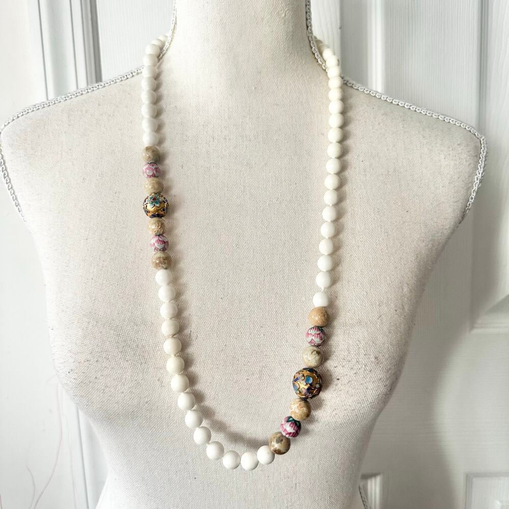 Vintage Angel Skin Coral Round Bead Infinity Necklace Cloisonne Brown Stonework